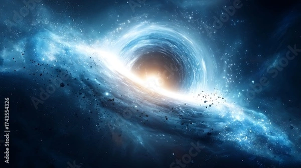 Fototapeta wormhole. Ethereal interstellar comet with dual stardust tails traversing a wormhole-like portal. STEM education sheets, lab safety posters, designed for biotech research communications.