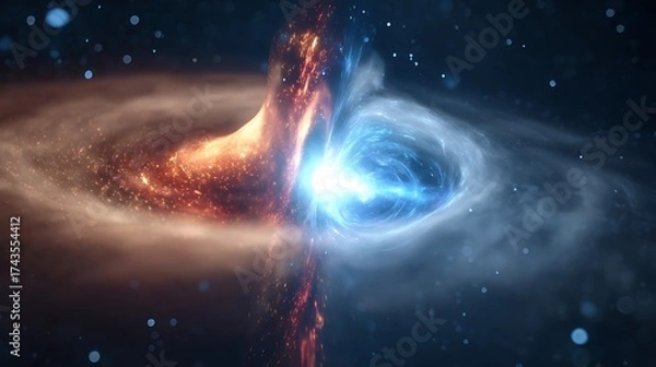 Fototapeta wormhole. Ethereal interstellar comet with dual stardust tails traversing a wormhole-like portal. STEM education sheets, lab safety posters, designed for biotech research communications.