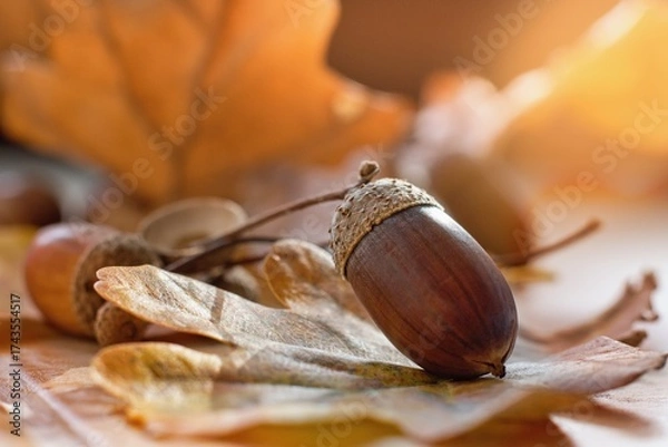 Fototapeta The oak acorn in the autumnal fallen leaves .