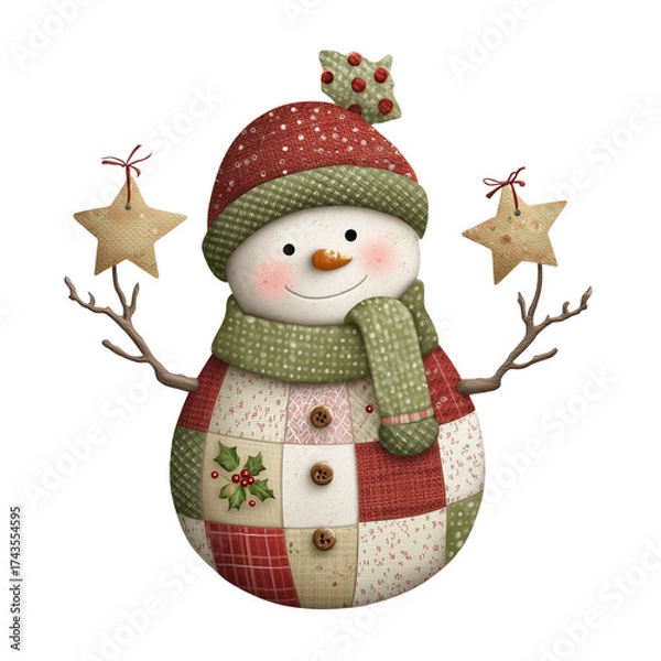 Fototapeta Clip art watercolor Cute Christmas snowman in patchwork fabric with a top hat, scarf, and buttons.  Cozy winter holiday design.Transparent Background