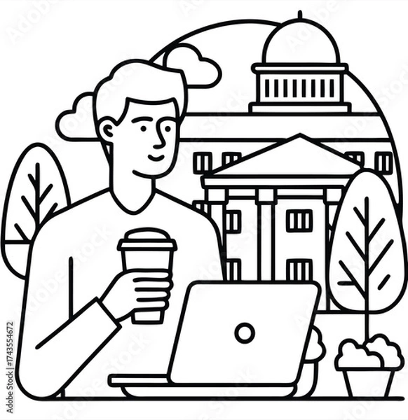 Obraz Remote Worker Enjoying Coffee Outside Historic Building Illustration