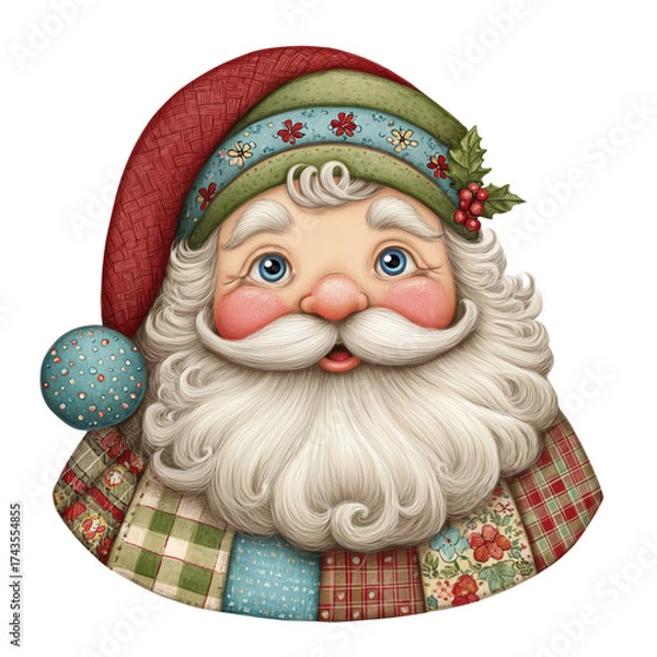 Obraz Clip art watercolor illustration of a jolly Santa Claus head with a quilted fabric pattern and holly accents.Transparent Background