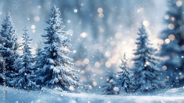 Obraz Serene winter landscape showcases snow-covered evergreen trees in a dreamy setting, complete with gentle falling snow and soft, out-of-focus glowing orbs, creating a magical atmosphere in shades of...