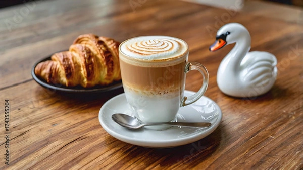 Obraz Hot latte coffee with latte art milk foam with chocolate Croissant on wooden table and small duck statue on top view, during business work concept, Rainy season