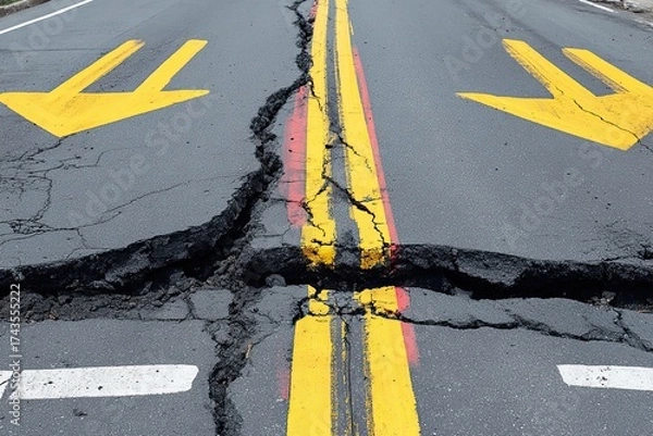 Obraz Cracked asphalt road with arrows, divided by yellow lines