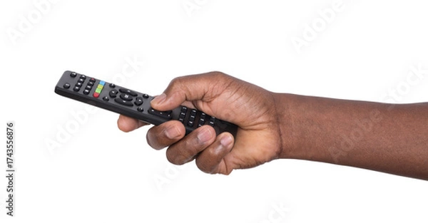 Fototapeta Man holding a black remote control for a television set isolated on transparent or white background	