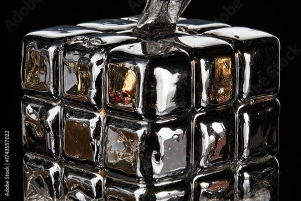 Fototapeta Cubed chrome pumpkin with stem reflects light on black background