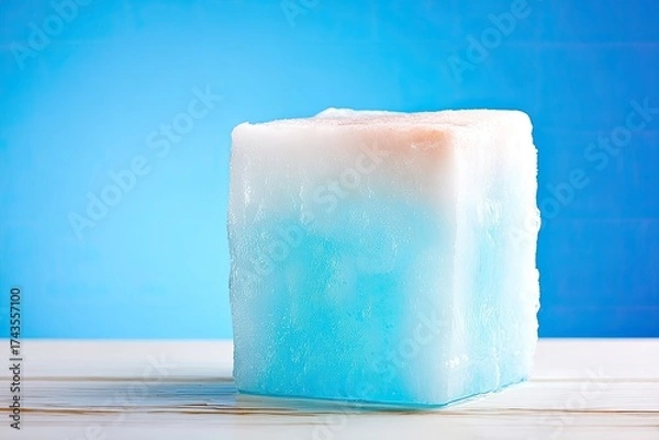 Obraz Frozen cube fades blue to white, sits on wood