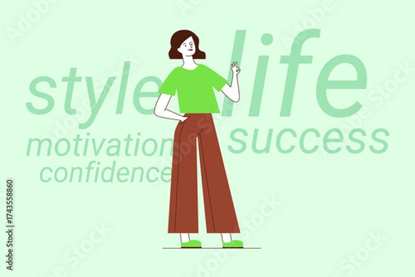 Fototapeta Confident person standing casually, wearing green top and brown pants, conveying message of motivation and success. Inspiring words on background