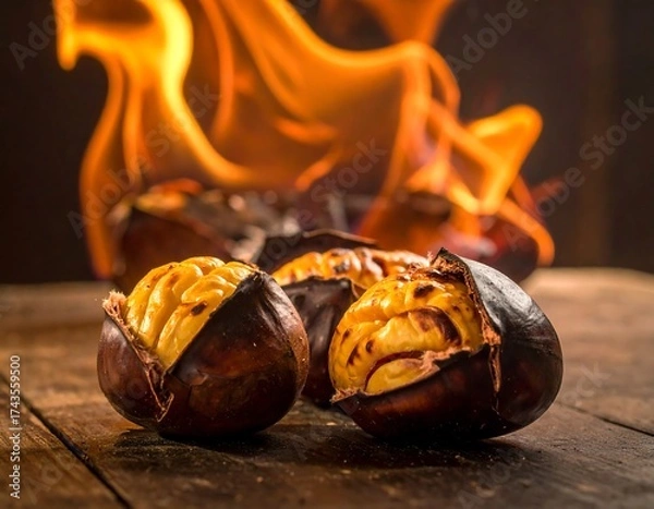 Obraz Roasted chestnuts on a wooden table, flames in the background
