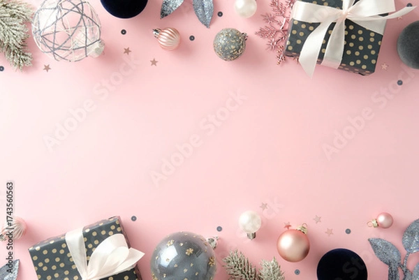 Fototapeta Christmas holiday flat lay with frosted pine branches, silver glitter ornaments, and wrapped gifts on pink background. Xmas banner design.