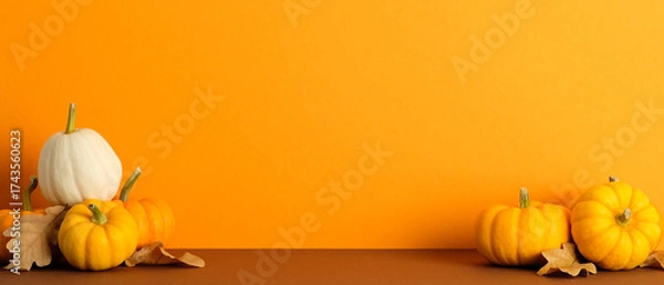Fototapeta Pumpkins and dry leaves on brown surface with orange backdrop. Autumn, fall, Thanksgiving banner design