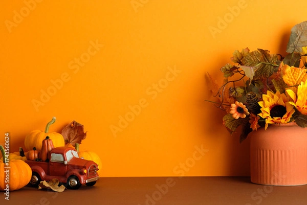 Fototapeta Autumn decor with red truck, pumpkins, and floral vase. Autumn, fall, Thanksgiving concept.