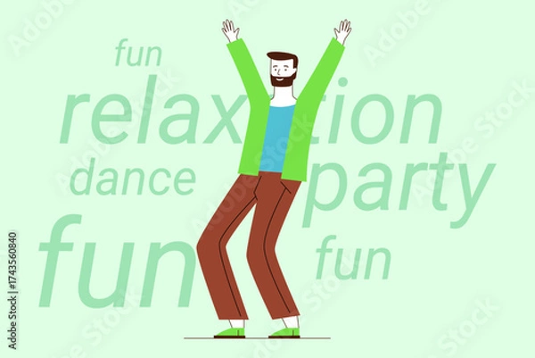 Fototapeta Person joyfully dancing with arms raised high, embodying spirit of fun and relaxation. Words related to celebration and enjoyment, creating lively atmosphere