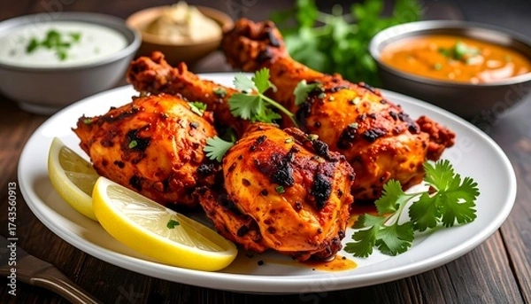 Obraz Roasted chicken drumsticks with sauces and lemon slices