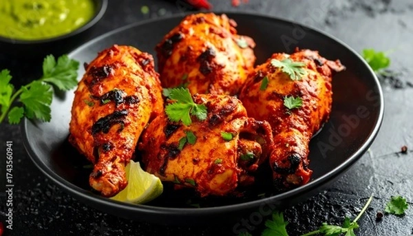 Obraz Roasted chicken drumsticks with a spicy marinade, garnished with cilantro and lime