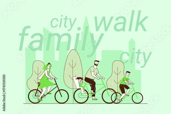 Fototapeta Family enjoying leisurely bike ride through city park, surrounded by greenery and tall buildings. Everyone smiling while pedaling along path during sunny day