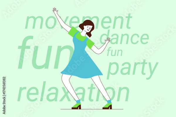 Fototapeta Joyful person dancing in blue dress, celebrating fun and relaxation at lively party. Movement and enjoyment concept