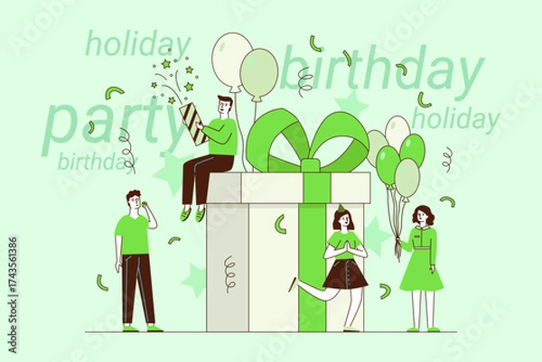 Fototapeta Friends gathering for birthday party. They enjoying balloons, gifts, and festive decorations, all in cheerful green tones, creating joyful atmosphere