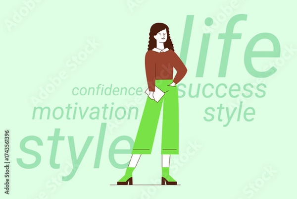 Fototapeta Confident woman standing stylishly in green attire, combining motivation and success. Keywords in background highlighting themes of life and inspiration