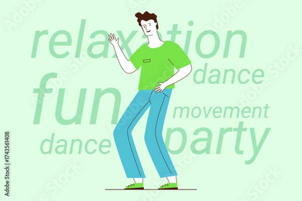 Fototapeta Person with cheerful expression dancing joyfully, showcasing movements expressing relaxation and fun at lively party. Energy and excitement concept