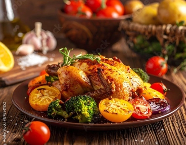 Obraz Roasted chicken with vegetables on a plate