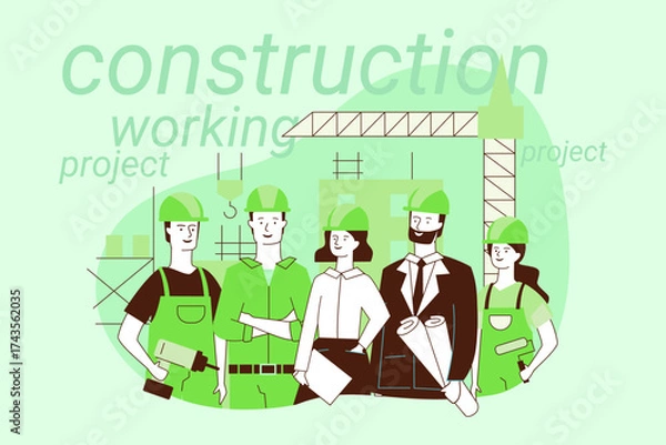 Fototapeta Group of six construction workers standing together at project site. People wearing hard hats and safety gear while discussing plans