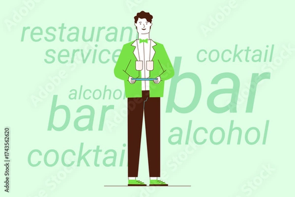 Fototapeta Man standing at bar, holding cocktail menu. He wearing green jacket, ready to assist customers with drink selections
