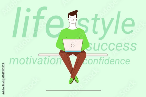 Fototapeta Man in green sweater sitting on bench, using laptop while surrounded by words like success, motivation, and confidence