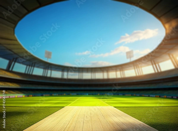 Fototapeta  cricket stadium with stands and an empty green grass field