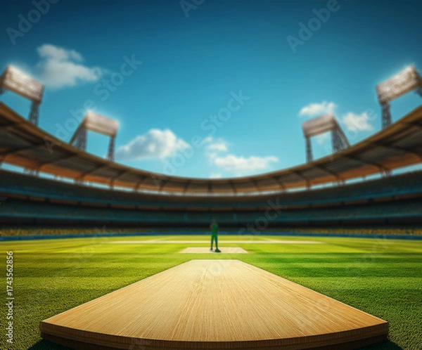Fototapeta  cricket stadium with stands and an empty green grass field