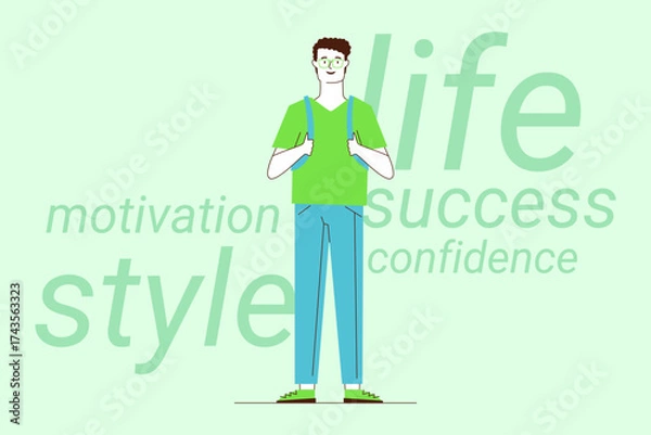 Fototapeta Person standing confidently on light green background, embodying motivation and success. Words like life, style, and confidence emphasizing personal growth