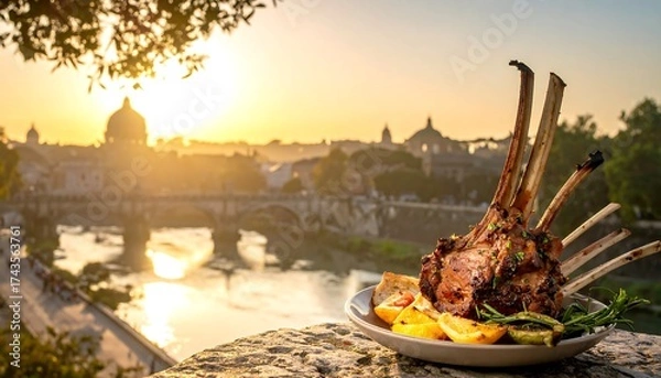 Obraz Roasted lamb ribs with sunset view of Rome