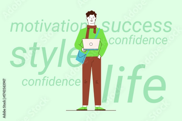 Fototapeta Young man standing confidently with laptop. He wearing stylish outfit and holding bag, surrounded by words like motivation and success, emphasizing positive lifestyle