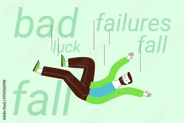 Fototapeta Person falling against green background. Words like bad, luck, failures, and fall surrounding him, emphasizing struggles and setbacks in life