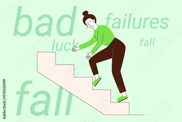 Fototapeta Woman wearing green top and brown pants losing her balance while walking down staircase. Text conveying themes of bad luck and failures