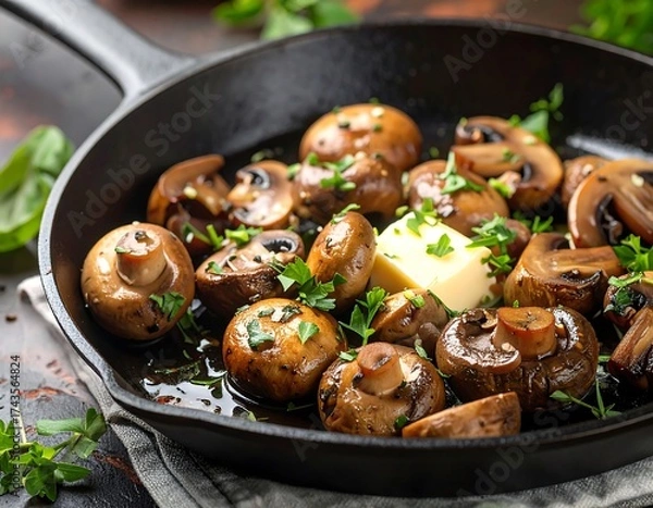 Obraz Roasted mushrooms in a cast iron pan