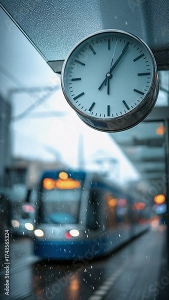 Fototapeta Clock showing the time on a rainy day at a public transport station, with a tram arriving in the background, conveying concepts of punctuality, urban commute, and waiting