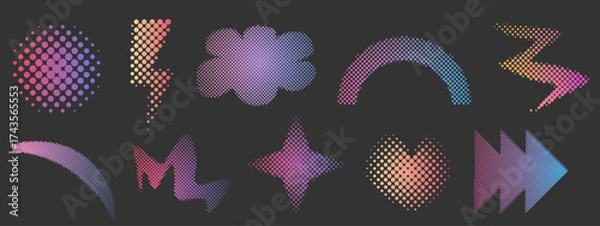 Fototapeta Halftone abstract geometric set dotted y2k trendy decoration. Gradient retro pixel, grain effect. Pop art style dotted hearts, isolated on white 