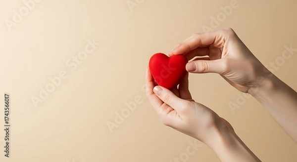 Fototapeta Hands holding a red heart shape on neutral background  