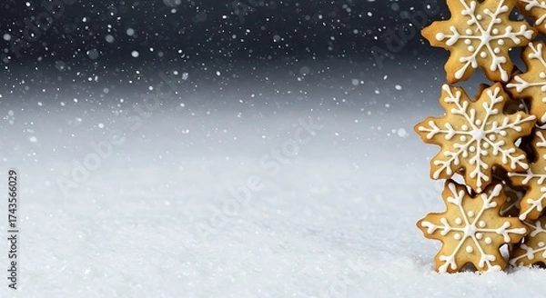 Fototapeta Gingerbread snowflakes on snowy background with falling snowflakes  