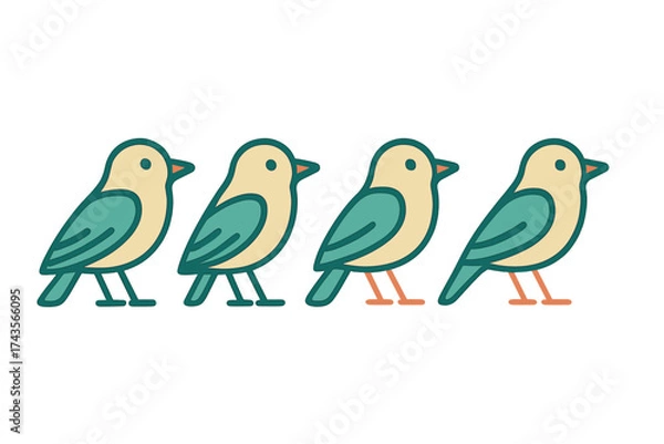 Obraz Four stylized small birds standing in a horizontal row minimal outline design