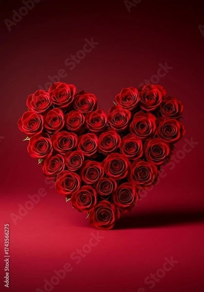 Fototapeta Heart-shaped arrangement of red roses on a deep red background  