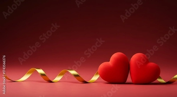 Fototapeta Two red hearts with golden ribbon on red background  