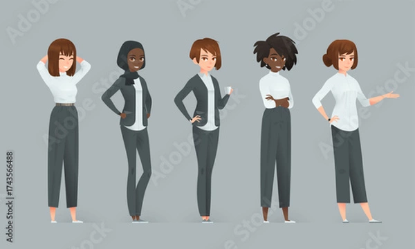 Obraz Confident businesswoman characters in five cartoon poses.  Vector set on gray background.