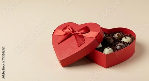 Fototapeta Heart-shaped gift box filled with assorted chocolates on neutral background  