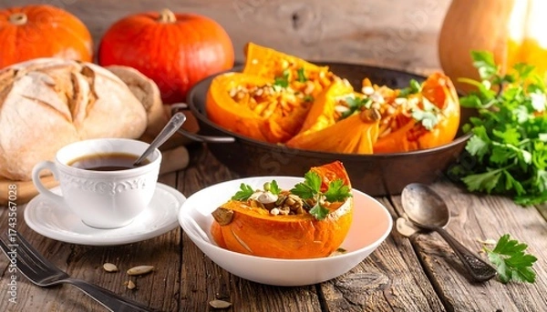 Obraz Roasted pumpkin halves with seeds and herbs on a rustic table