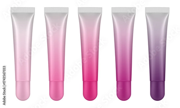 Fototapeta Set of lip gloss tubed. Lip, eye cream, serum. Cosmetic product container mockup. Gradient pink, magenta, cherry and purple bottles with round cap