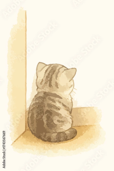 Fototapeta A cat is sitting on the floor face to the wall