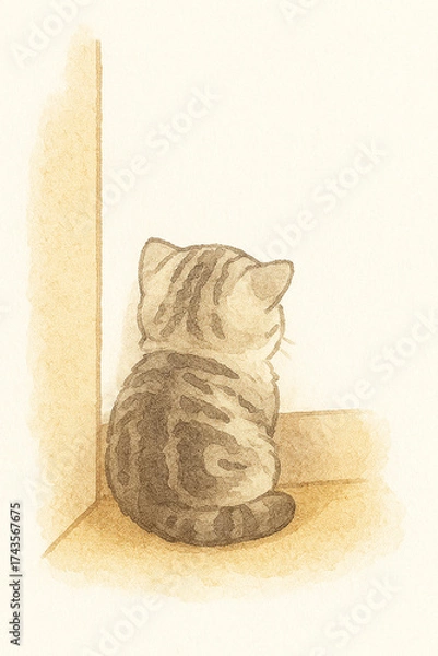 Fototapeta A cat is sitting on the floor face to the wall